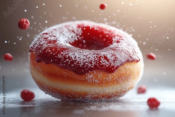Fototapeta Raspberry Glazed Donut. Sweet & Sugary Dessert with Icing and Sprinkles in Bakery Display