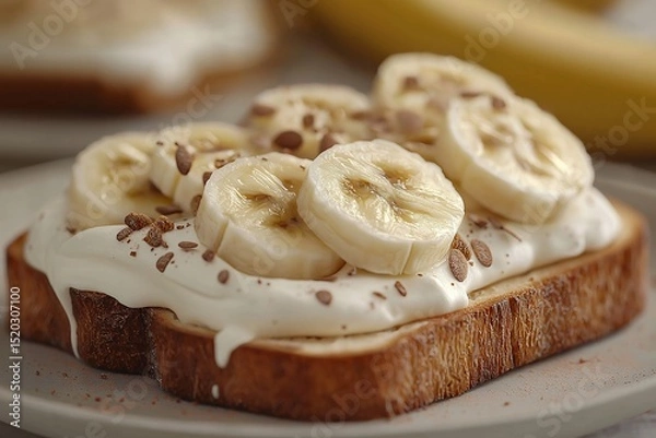 Fototapeta Delicious Everyday Breakfast. Vegan Toast with Banana, Nut Butter & Chocolate on Whole Grain Bread - A Sweet, Healthy, Nutritious Treat
