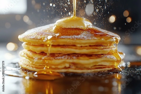 Obraz Fluffy Pancakes Drizzled with Maple Syrup. Delicious Breakfast and Brunch Indulgence in Food Photography Close-Up