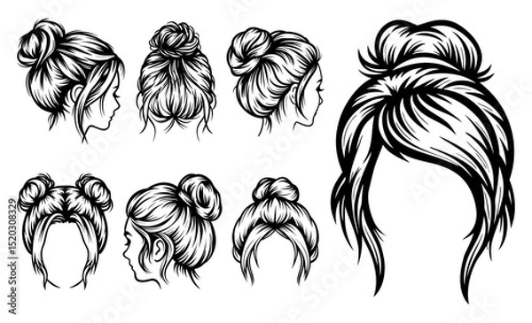 Fototapeta Collection of different black and white messy bun graphics