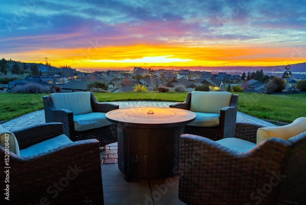 Fototapeta A colorful sunset above the city lights of Spokane, Washington, seen from a patio terrace with chairs and a fire pit in the suburban community of Liberty Lake, Washington.
