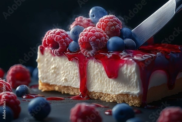 Fototapeta Delicious Slice of Raspberry and Blueberry Cheesecake. Gourmet Dessert with Fresh Berry Topping and Rich Flavor for Festive Celebrations