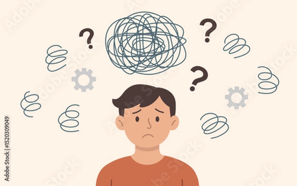 Fototapeta Confused Man with Tangled Thoughts, Mental Health Concept, Flat Vector Illustration