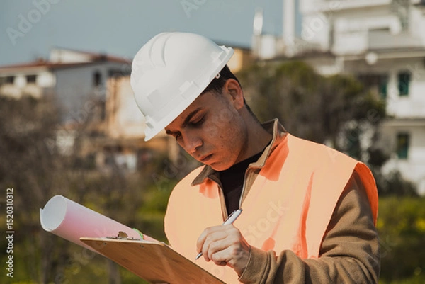 Fototapeta Sunny Day At Work For An Engineer Taking Notes Near The Yard
