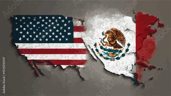 Fototapeta Flags of USA and Mexico ripping apart, representing trade war, tariffs, and import-export conflicts