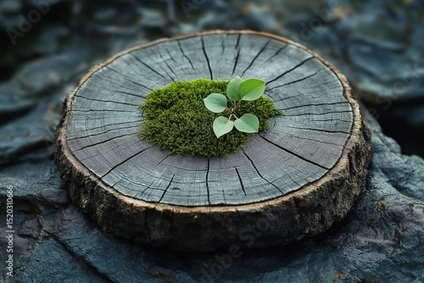 Fototapeta Mossy Wood Stump with Green Plants. Organic Texture and Biodiversity in a Tranquil Woodland Landscape