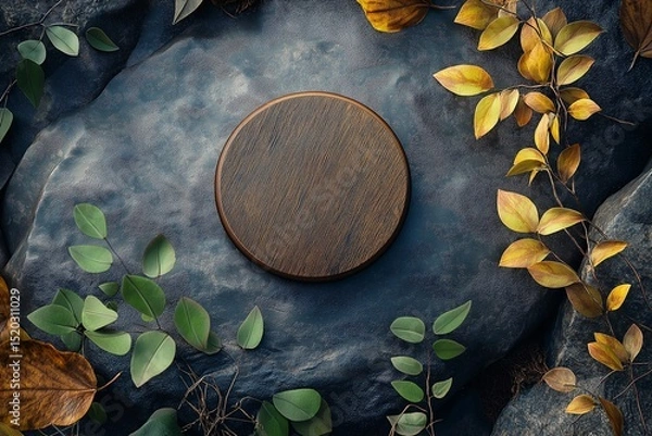 Fototapeta Elegant Earthy Wooden Platform with Greenery and Seasonal Leaves Nature-Inspired Flatlay for Organic and Sustainable Decor Photography