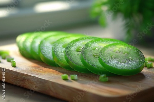 Fototapeta Fresh Sliced Cucumber Slices. Nutritious Green Vegetable for Healthy Cooking and Salads