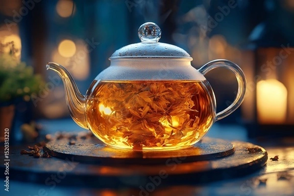 Fototapeta Glass Teapot Brew with Herbal Tea Leaves. Cozy Hot Beverage in Warm Lighting for Tranquil Tea Time