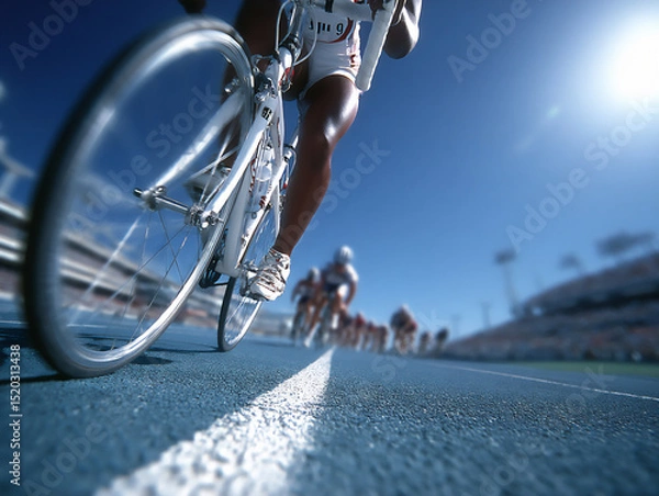 Fototapeta close-up photograph of a cyclist's feet clipped into pedals at the starting line of a cycling race o