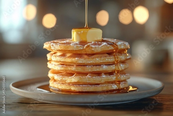 Fototapeta Delicious Fluffy Pancakes with Syrup and Butter - Gourmet Breakfast Brunch Dessert. Food Photography with Natural Light