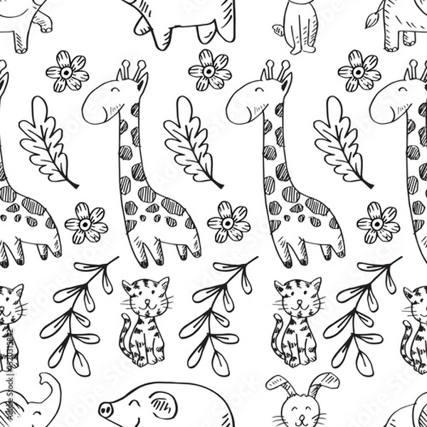 Fototapeta Seamless pattern with cute hand drawn animals on black and white. 