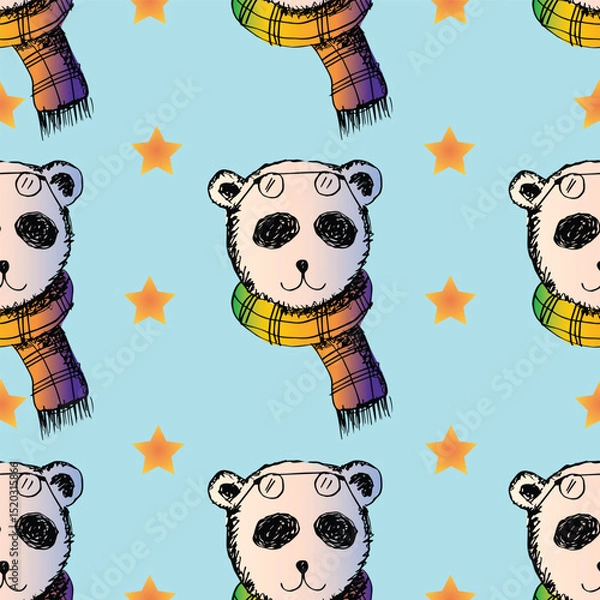 Fototapeta Seamless pattern with cute panda bear in scarf. Vector illustration.