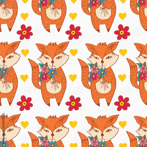 Fototapeta Seamless pattern with cute foxes and flowers. Vector illustration.