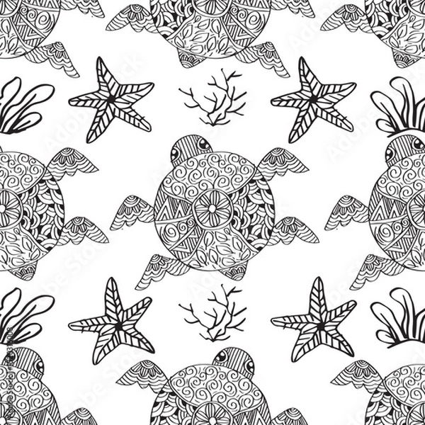 Fototapeta Seamless pattern with turtles and starfishes. Black and white.