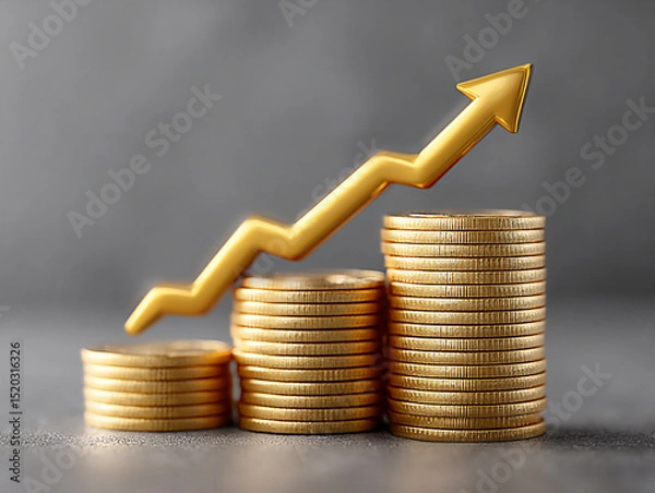Fototapeta bright photograph of a golden arrow pointing upwards through a series of rising coins