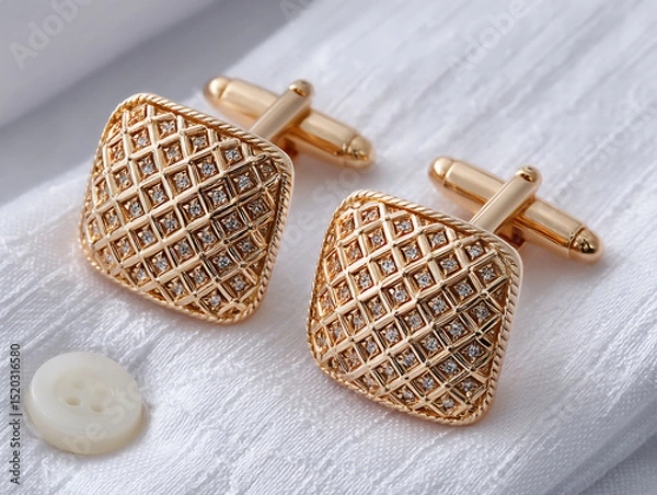 Fototapeta luxurious photograph of a set of gold cufflinks on a crisp white shirt cuff