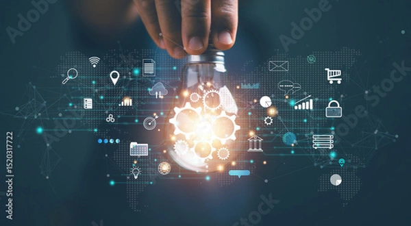 Fototapeta Futuristic innovative technology for global business concept. Businessman holding lightbulb with gears icon inside. Creative ideas innovation and inspiration for business. Internet network connection.