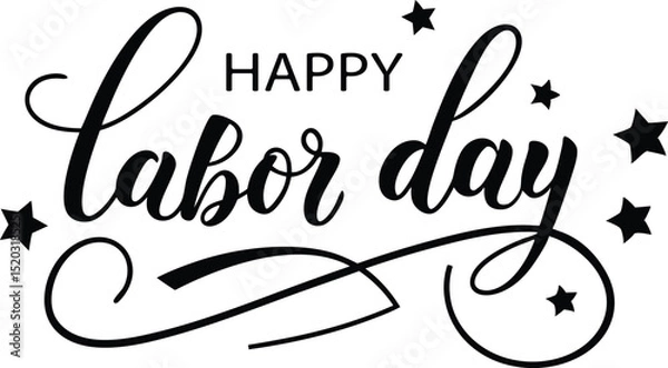 Fototapeta  Stylish Handwritten Happy Labor Day Text with Stars and Decorative Swirls