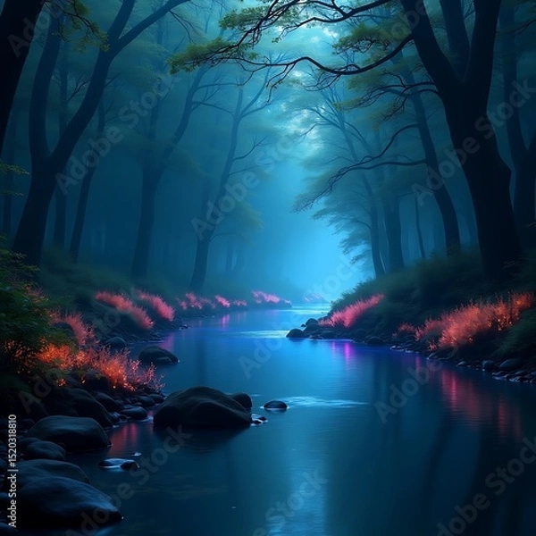 Fototapeta Serene river between trees in the forest.
