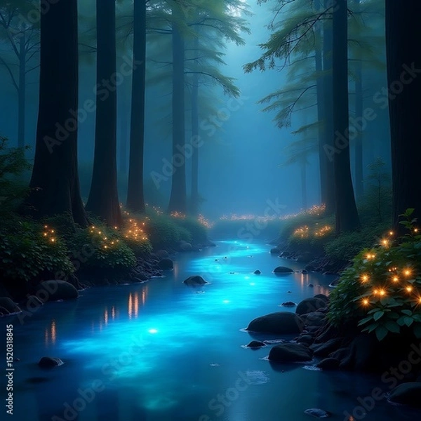 Fototapeta Serene river between trees in the forest.
