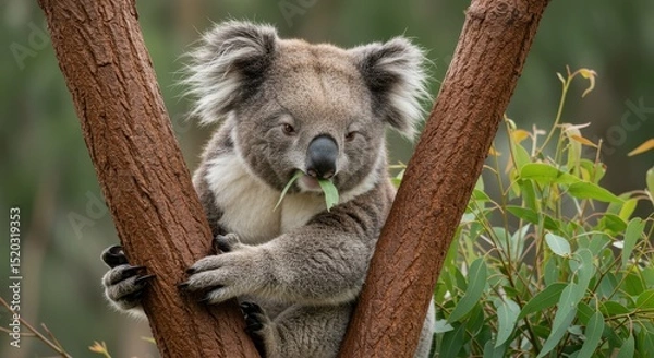 Obraz Adorable koala clinging to tree branch while munching on green leaves in serene Australian forest setting