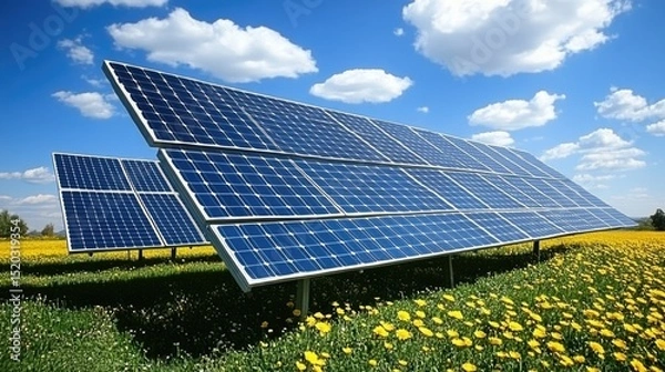 Fototapeta natural green agriculture field with solar panels system. renewable green power technology for better environment.