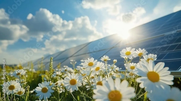 Fototapeta natural green agriculture field with solar panels system. renewable green power technology for better environment.