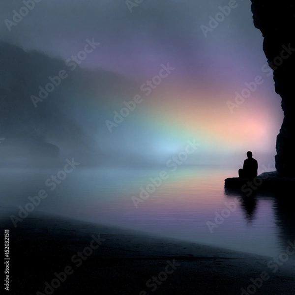 Fototapeta a person slowly emerging from a pool of shimmering, iridescent water in a dark, mysterious cave,