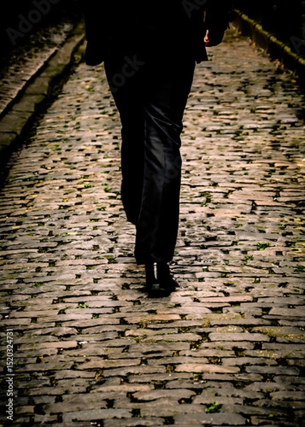 Fototapeta A person in a dark suit walks down a cobblestone street.
