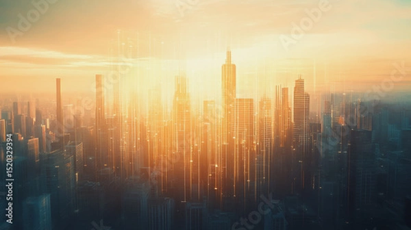 Fototapeta Smart city with connection network reciprocity over the cityscape social media networking systems that connects on the peak of success amid tall, innovative Smart city and graphs with statistics