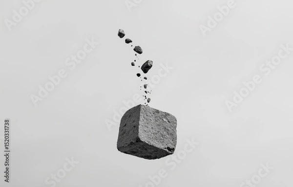 Obraz Floating stone block in slow motion fragmenting under the weight of debt against a void, symbolizing financial collapse and tension