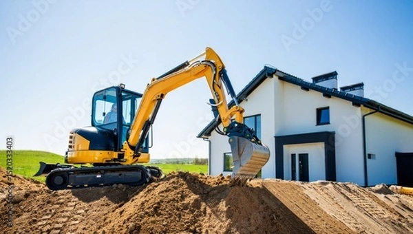 Fototapeta Excavator Digging Soil Near New House Construction Site Building Foundation Preparation