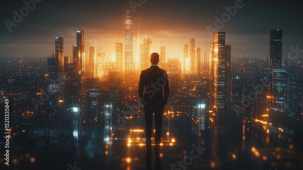 Fototapeta Smart city with connection network reciprocity over the cityscape social media networking systems that connects on the peak of success amid tall, innovative Smart city and graphs with statistics to a