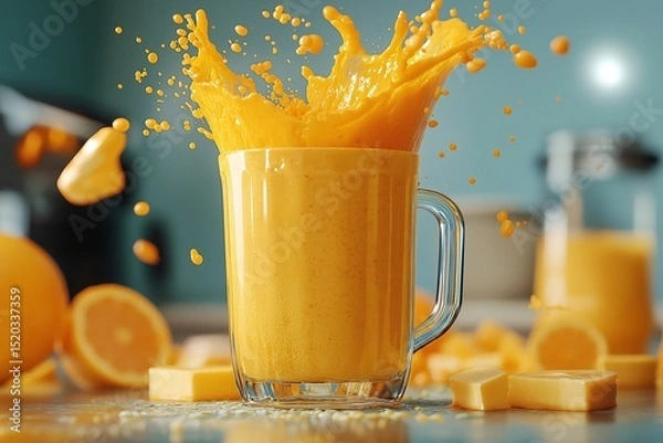 Obraz Refreshing Orange Juice Splash. Delicious Citrus Smoothie and Detox Beverage Photography with Vibrant Tropical Color in Kitchen Setting