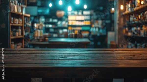 Fototapeta old vintage wooden product display of with blur bokeh supermarket background.	