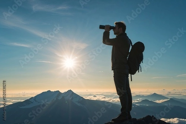 Obraz Man with binoculars on mountain top