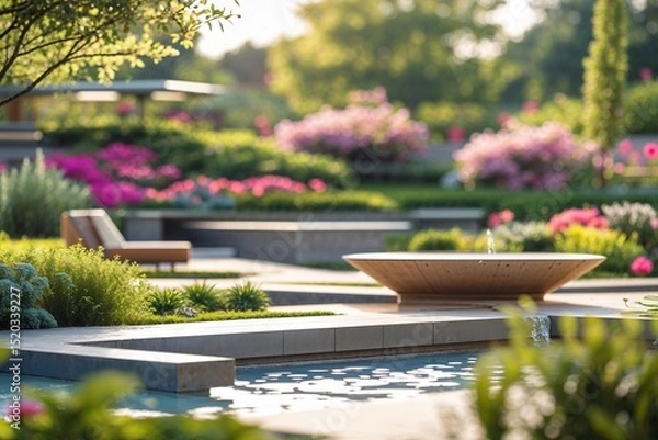 Obraz Relaxing garden with water fountain and pink flowers