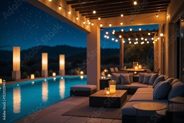 Obraz Luxury patio with pool at night