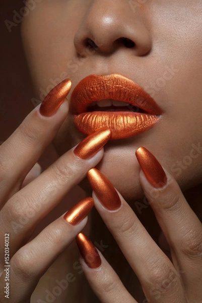 Fototapeta A close-up beauty shot focusing on metallic copper-orange lips and matching nail polish. The lips are painted in a glossy, metallic finish with a warm, rust-colored tone. 