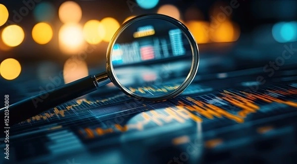 Obraz Financial data analysis.  A magnifying glass focuses on intricate financial charts and graphs, highlighting key data points
