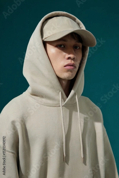 Fototapeta A fashion photography portrait against a deep teal colored background. The subject wears an oversized beige hooded sweatshirt with drawstrings and a matching beige baseball cap worn backwards.