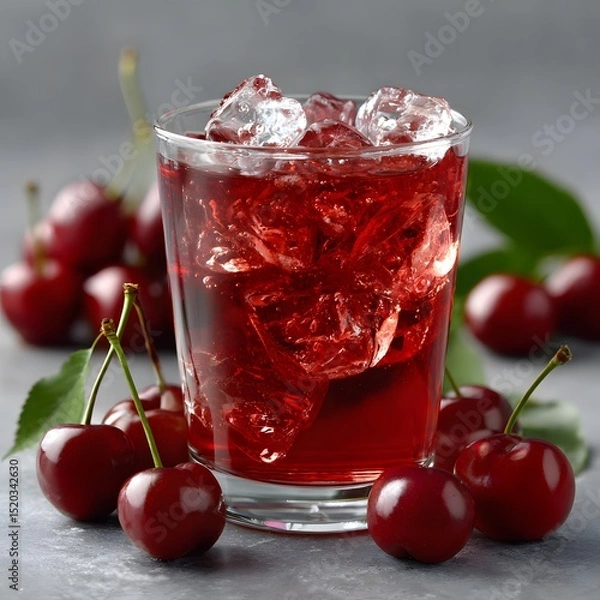 Fototapeta Refreshing cherry juice drink in a glass with ice and surrounding cherries