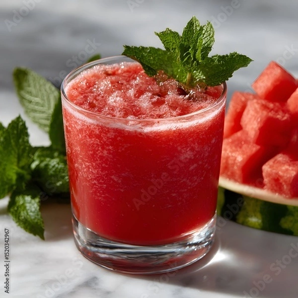 Fototapeta Refreshing, frosty watermelon slushie in a glass, garnished with mint