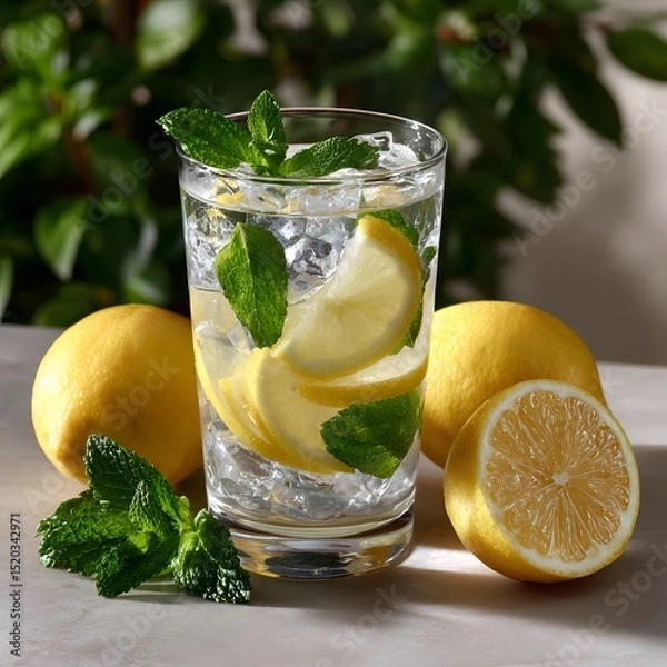 Fototapeta Refreshing glass of water with lemon slices and mint