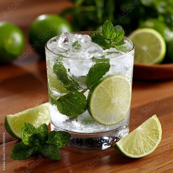 Fototapeta Refreshing, iced cocktail with lime and mint