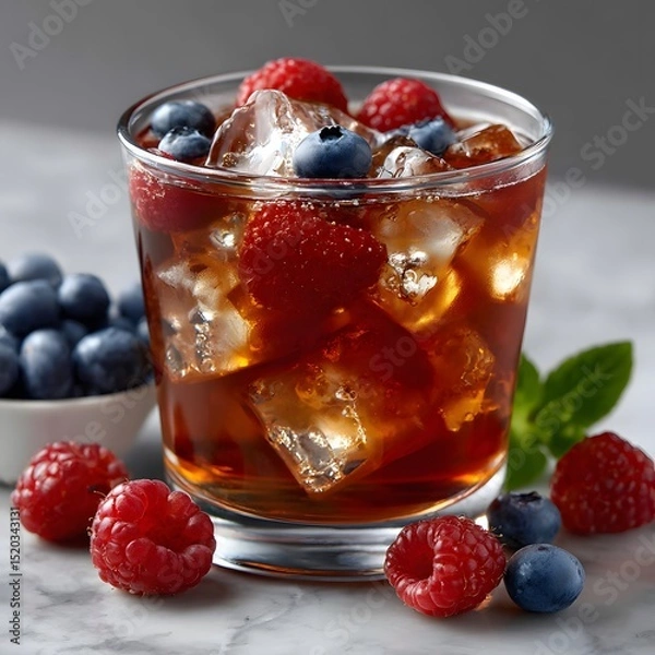 Fototapeta Refreshing iced tea drink with blueberries and raspberries