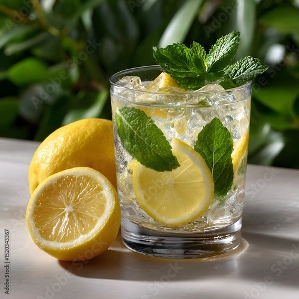 Fototapeta Refreshing lemonade with ice and mint