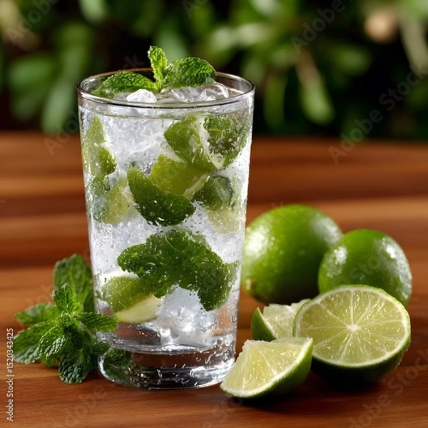 Fototapeta Refreshing lime and mint cocktail in glass