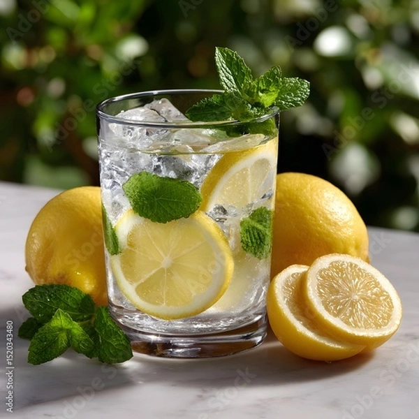 Fototapeta Refreshing lemon-mint drink in glass with ice